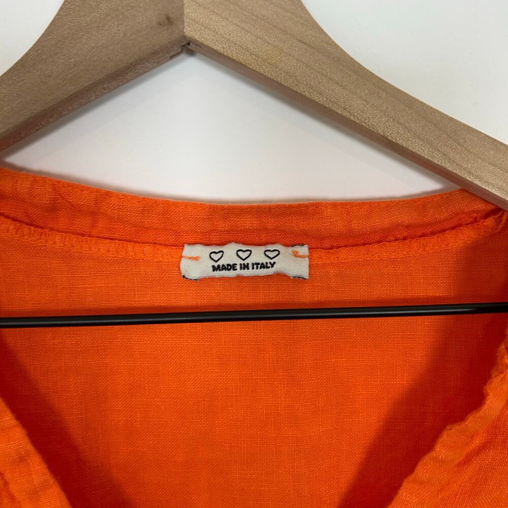 Italian 100% Linen Embroidered Orange Dress with Pockets Women’s One Size - Picture 2 of 7
